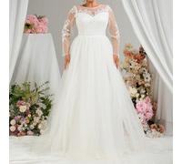 Abito elegante, meraviglioso e romantico con scollo a ciambella e maniche lunghe, con applicazioni a mano e tulle, caratterizzato da un'ampia gonna a ruota che si allunga a terra, adatto per abito da 