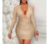 Abito elegante mini con scollo a V profondo, maniche lunghe, arricciato, decorato con fibbia adatto per cocktail festa, cene formali, Ognissanti, Natale, abbigliamento autunno/inverno da donna L,M,S,X