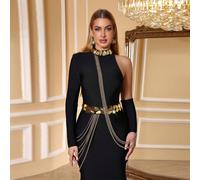 Abito elegante nero da donna, adatto per le celebrazioni dell'Eid nel Medio Oriente, il carnevale, abito da sera di lusso con maniche lunghe, lavorazione a catena e taglio laser, adatto per feste, mat