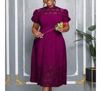 Abito elegante per matrimonio, compleanno, appuntamento, San Valentino, per donne taglia comoda, di colore viola, con maniche a palloncino, effetto traforato e linea ad A 0XL,1XL,2XL,3XL,4XLPizzo