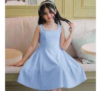 Abito elegante per ragazze pre-adolescenti con scollo a U, linea A, patchwork, orlo con volant, fiocco sulla schiena, in blu chiaro 7Y,8Y,9Y,10Y,11Y,12Y,13YColore unicoTessuto