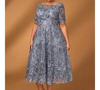 Abito elegante, romantico e splendido da donna, con collo rotondo, maniche a tre quarti, orlo a linea A, in grigio blu con ricami e paillettes, adatto per cene, addii al nubilato, appuntamenti, danze,