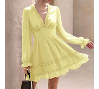 Abito elegante romantico in stile francese con maniche lunghe in chiffon, scollo a V, con volant e pannelli stratificati, colore rosa antico L,M,S,XLTessuto intrecciato