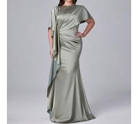 Abito elegante taglie forti con design a maniche a volant e coda di pesce, adatto per matrimoni, feste, vacanze, balli, festival, abito da sera per sposa e madre taglie forti (decorato) 0XL,1XL,2XL,3X