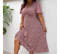 Abito estivo a maniche corte con scollo a V e stampa all-over in stile Bridgerton, per taglie comode 0XL,1XL,2XL,3XL,4XL,5XLGeometrico,FiorelliniTessuto intrecciato