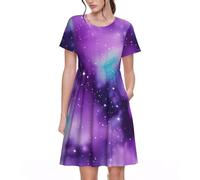 Abito estivo a maniche corte con stampa viola cielo magico galassia elegante da indossare tutti i giorni casual a maniche corte girocollo, Nero , XL