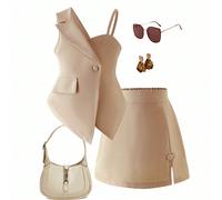 Abito estivo beige per ragazze giovani, set elegante da signora con design asimmetrico, abito a due pezzi senza maniche color kaki per il primo compleanno 6Y,7Y,8Y,4Y,5YColore unicoTessuto intrecciato