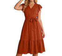 Abito estivo boho, scollo a V, a maniche corte, plissettato, linea ad A, maxi abito da sposa, elegante, per il tempo libero, da spiaggia, con volant, per feste, O Orange, S
