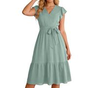 Abito estivo boho, scollo a V, a maniche corte, plissettato, linea ad A, maxi abito da sposa, elegante, per il tempo libero, da spiaggia, con volant, per feste, O verde chiaro, XL