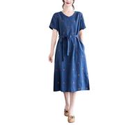 Abito Estivo Casual da Donna Midi con Scollo a V Stampa a Maniche Corte Boho per Viaggio e Uso Quotidiano Comodo e alla Moda (Blue, L)