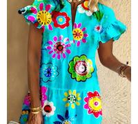 Abito estivo casual da donna taglie forti con stampa floreale e scollo a V, adatto per gite in spiaggia e feste in giardino, tessuto intrecciato elasticizzato a quattro vie da 120g, elegante per le va