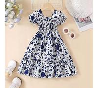 Abito estivo casual stile europeo e americano per ragazze, blu navy con stampa a foglie e maniche corte, adatto per le vacanze, abito leggero da principessa 6Y,7Y,8Y,9Y,4Y,5YFloreale,Piante,stampa dap