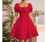 Abito estivo con maniche a sbuffo, volant e laccio frontale, adatto per il Capodanno L,M,S,XLColore unicoTessuto intrecciato