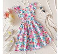 Abito estivo con stampa floreale, maniche corte a cappuccio e vita aderente, con fiocco sulla schiena, adatto per ragazza tween, per la primavera 8Y,9Y,10Y,11Y,12YFlorealePoliestere