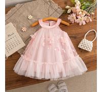 Abito estivo da bambina con fiori ricamati, color tinta unita, in rete, senza maniche, scollo a V, abito da principessa, abito elegante in organza per feste e matrimoni come vestito da damigella d'ono