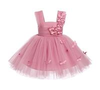 Abito estivo da bambina, con motivo floreale, linea A, senza maniche, da principessa, Hi-Lo, tutù, farfalla, in tulle, per bambini, con bowknot, rosa antico, 3-4 Anni