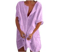 Abito estivo da donna, a maniche corte, con bottoni, scollo rotondo, casual, con tasche, taglie forti, abito a tunica Henley, per vacanze e spiaggia, mini prendisole, Viola, L