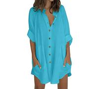 Abito estivo da donna, a maniche lunghe, con bottoni, per il tempo libero, taglie forti, con tasche, a maniche lunghe, tinta unita, leggero, Azzurro, xxl