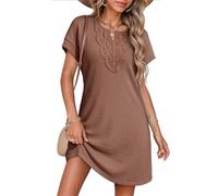 Abito estivo da donna, a nido d'ape, con scollo a V, a maniche corte, casual, in pizzo, ampio, tunica da spiaggia, comodo, per le vacanze, per tutti i giorni, cachi, XXL
