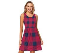 Abito estivo da donna a quadri blu rosso di bufalo vestito estivo da spiaggia senza maniche abito da canottiera casual, Plaid Classico Di Bufalo Blu Rosso Disegnato A Mano, XX-Large