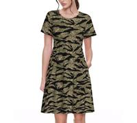 Abito estivo da donna, casual, a maniche corte, con stampa mimetica, motivo tigrato, con tasche, nero, M