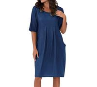 Abito estivo da donna, casual, a maniche corte, scollo a cavallo, lunghezza lunga, da spiaggia, con pieghe, tinta unita, blu, XXL