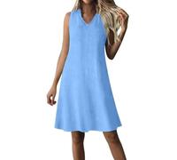 Abito estivo da donna, casual, con linea ad A, senza maniche, con scollo a V, lunghezza al ginocchio, tinta unita, con cerniera nascosta, abito estivo da spiaggia, abito per il tempo libero, Azzurro