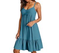 Abito estivo da donna, casual, con motivo a volant, stile swing, in tessuto fluente, con scollo a V, linea ad A, per elegante stile casual, Blu marino, 3XL