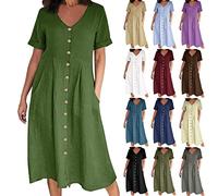 Abito estivo da donna, casual, con scollo a V, a maniche corte, tinta unita, in cotone e lino, taglie forti