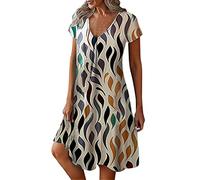 Abito estivo da donna, casual, con stampa floreale, a maniche corte, per uso quotidiano, lavoro, appuntamento notturno, cachi, L