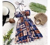 Abito estivo da donna casual romantico per vacanze, con grafica vintage di isole e coste, scollo a canottiera, coulisse in vita e retro con taglio vedo-non-vedo, adatto per crociere, festival, Pasqua,
