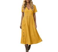 Abito estivo da donna, comodo, tinta unita, scollo a V profondo, maniche corte, in lino, linea ad A, con tasche, leggero, arioso, per il tempo libero, vacanze, vita quotidiana, da spiaggia, O giallo