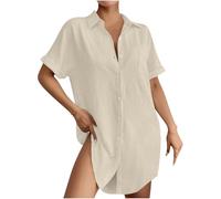 Abito estivo da donna con bottoni, in cotone e lino, con scollo a V, mini abito casual a maniche corte, 1a-cachi, 3XL