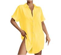 Abito estivo da donna con bottoni, in cotone e lino, con scollo a V, mini abito casual a maniche corte, 1A-giallo, XXL