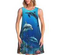 Abito estivo da donna con delfini del mondo sottomarino corallo casual abito sciolto senza maniche swing maglietta prendisole con tasche, nero, 3XL