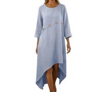 Abito estivo da donna, con maniche a 3/4, in lino, patchwork, abito da spiaggia, oversize, lungo, leggero e arioso, da spiaggia, con scollo rotondo, per il tempo libero, O azzurro, L