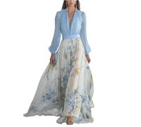 Abito estivo da donna con maniche eleganti fiori festivi, abito lungo a linea A, abito da sera, abito da sera, aderente, abito da cocktail festivo, scollo a V, abito a fiori maxi, Azzurro, XL