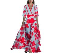 Abito estivo da donna con maniche eleganti fiori festivi, abito lungo a linea A, abito da sera, abito da sera, aderente, abito da cocktail festivo, scollo a V, abito a fiori maxi, Vermilion, XL