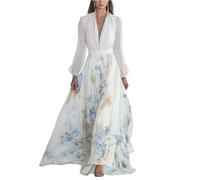 Abito estivo da donna con maniche eleganti fiori festivi, abito lungo a linea A, abito da sera, abito da sera, aderente, abito da cocktail festivo, scollo a V, abito a fiori maxi, bianco, XXL