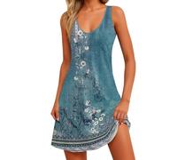 Abito estivo da donna, con motivo floreale, lunghezza al ginocchio, senza maniche, casual, taglio largo, linea ad A, per vacanze, spiaggia, Blu cielo., 3XL
