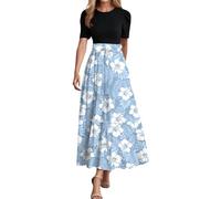 Abito estivo da donna con motivo floreale, maniche corte, scollo rotondo, abito da spiaggia, elegante, vintage, leggero e arioso, abito per il tempo libero, maniche corte, linea A, O azzurro, L