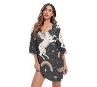 Abito estivo da donna con scollo a V in chiffon nero con stampa a unicorno carino, Unicorno carino nero 1, L