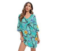 Abito estivo da donna con scollo a V in chiffon turchese con farfalle, Farfalle turchesi, M
