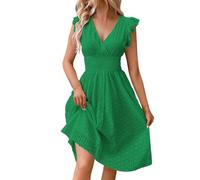 Abito estivo da donna con scollo a V, in pizzo, con occhielli, ricamato, linea ad A, per il tempo libero, a maniche corte, stile bohémien, leggero, ampio, da spiaggia, verde, XL