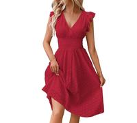 Abito estivo da donna con scollo a V, in pizzo, con occhielli, ricamato, linea ad A, per il tempo libero, a maniche corte, stile bohémien, leggero, ampio, da spiaggia, Colore: rosso, L