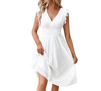 Abito estivo da donna con scollo a V, in pizzo, con occhielli, ricamato, linea ad A, per il tempo libero, a maniche corte, stile bohémien, leggero, ampio, da spiaggia, bianco, M