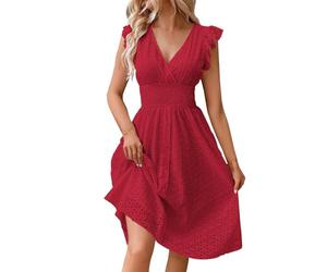 Abito estivo da donna con scollo a V, in pizzo, con occhielli, ricamato, linea ad A, per il tempo libero, a maniche corte, stile bohémien, leggero, ampio, da spiaggia, Colore: rosso, XXL
