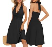 Abito estivo da donna, con scollo a V, senza maniche, per il tempo libero, con fettuccia sul collo, leggero, linea A, elegante, lunghezza al ginocchio, abito da spiaggia, Nero , L