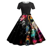 Abito Estivo da Donna con Scollo Rotondo a Maniche Corte con Stampa Vintage Rockabilly Swing Dress Cocktail Prom Party Dress Buste Porta Abiti