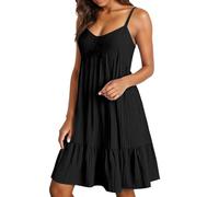 Abito estivo da donna, con spalline sottili, abito midi piegato, leggero e arioso, comodo da spiaggia, in tinta unita, traspirante, cami, abito casual, O nero., L